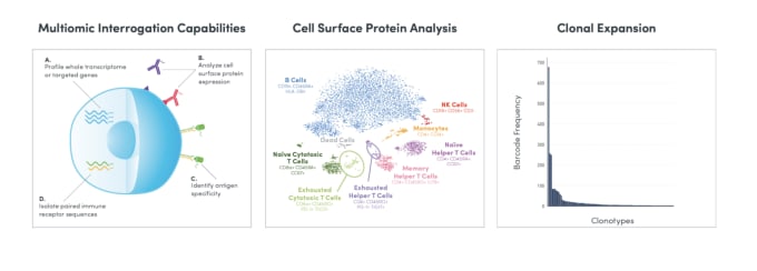 Leverage the power of DNA barcoding, single cell microfluidics, and next-generation sequencing to simultaneously profile a combination of cell surface markers, mRNA, full-length TCR/BCR sequences, and antigen specificity, all from the same single immune cells, at scale.