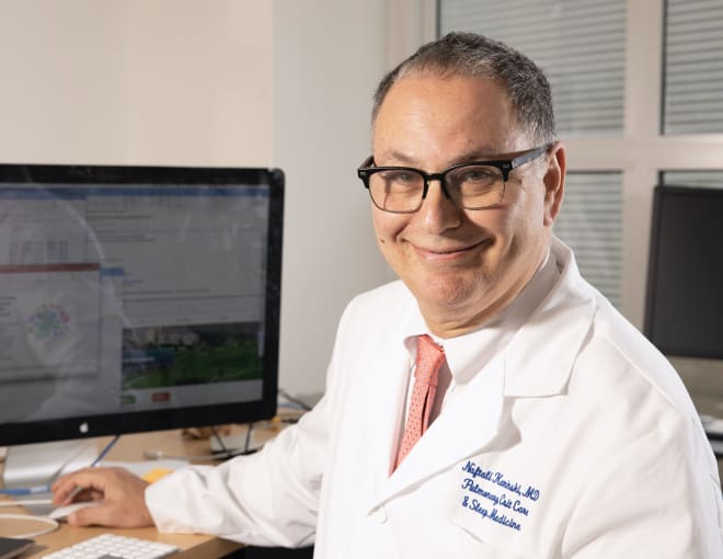 Dr. Naftali Kaminski, Professor of Medicine (Pulmonary) at Yale School of Medicine, works with single cell data on his monitor.