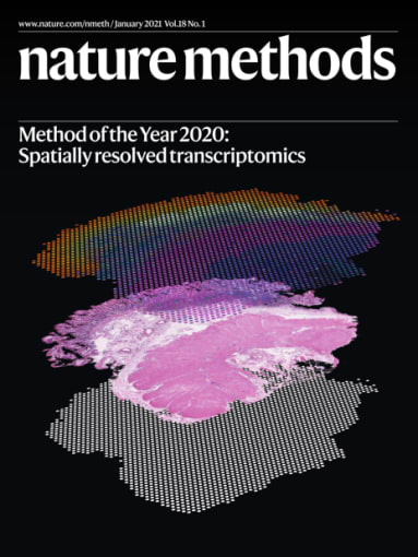 Cover of Nature Methods Volume 18 Issue 1. (Image: Ludvig Larsson, Natalie Stakenborg, Joakim Lundeberg and Guy Boeckxstaens Cover Design: Thomas Phillips)