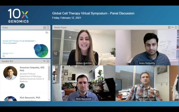 Panel participants, clockwise from top left: Moderator Abbey Cutchin, Manager, Oncology Marketing, 10x Genomics; Ansuman Satpathy, MD, PhD, Assistant Professor, Department of Pathology, Stanford University School of Medicine; Michael Green, PhD, Director, Translational and Laboratory Research, Department of Lymphoma/Myeloma, Division of Cancer Medicine, The University of Texas MD Anderson Cancer Center; and Nick Banovich, PhD, Assistant Professor, Integrated Cancer Genomics Division, Translational Genomics Research Institute.