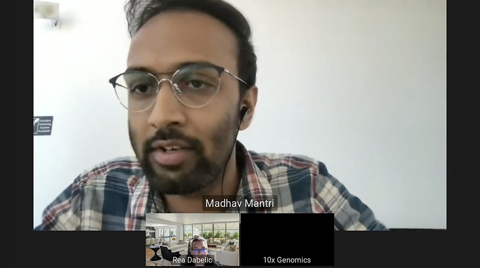 Screenshot from webinar, featuring Madhav Mantri, PhD candidate at Cornell University, and Rea Dabelic, PhD, Sr. Market Development Manager for Immunology, 10x Genomics.
