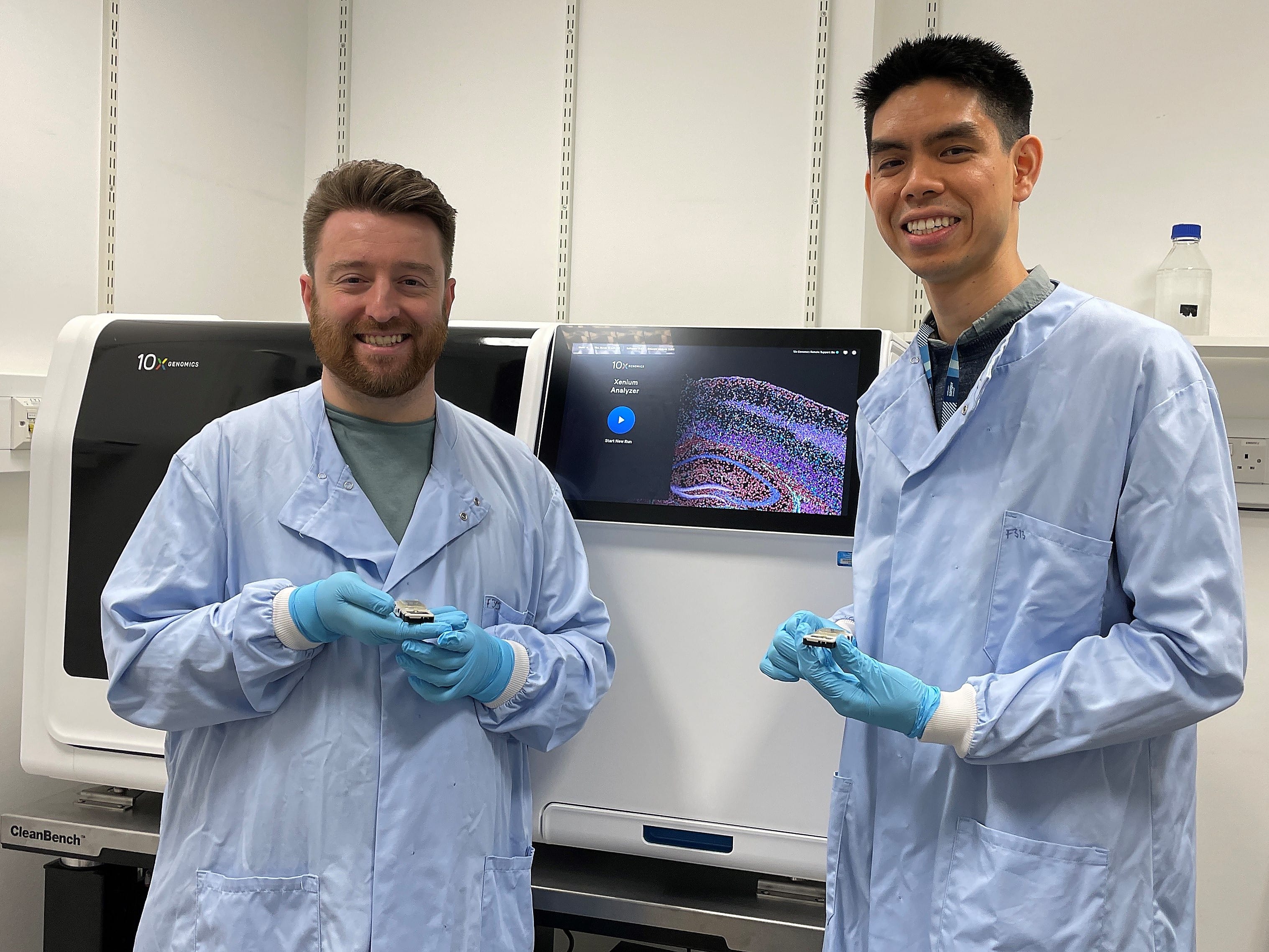 Dr. Roberts has been working with central pipeline teams at the Wellcome Sanger Institute to establish Xenium, in particular Dr. Andrew Trinh from the Cellular Operations department. They are shown together here loading their first Xenium experiment. Image Credit: Monika Dabrowska.