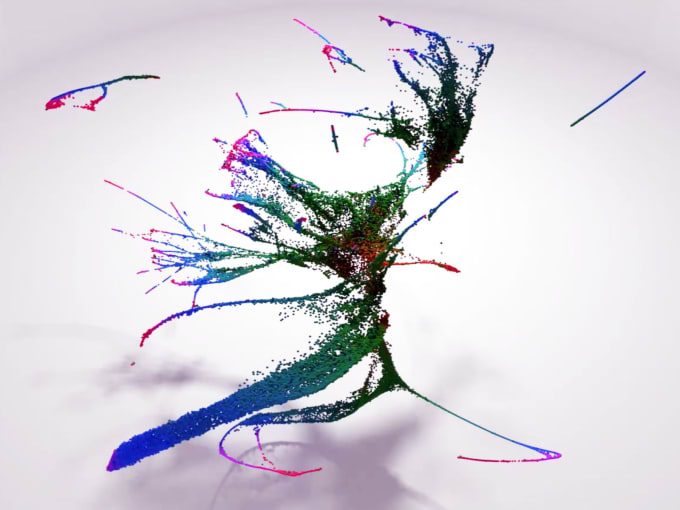 Visualization of C. elegans dataset. Each dot represents a single cell, its color represents the age of the embryo it came from (orange=early, green=mid, blue/red=late), and the dots are arranged so that cells with similar transcriptomes are near each other. Visualized this way, the data form various thin “trajectories” that correspond to tissues and individual cell types. CREDIT: Cole Trapnell and Packer et al./Science 2019