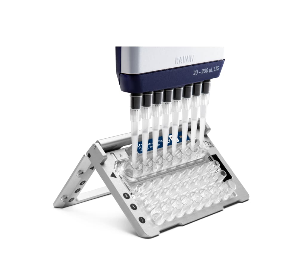 Multichannel pipette filling Chromium Next GEM chip within it's secondary holder