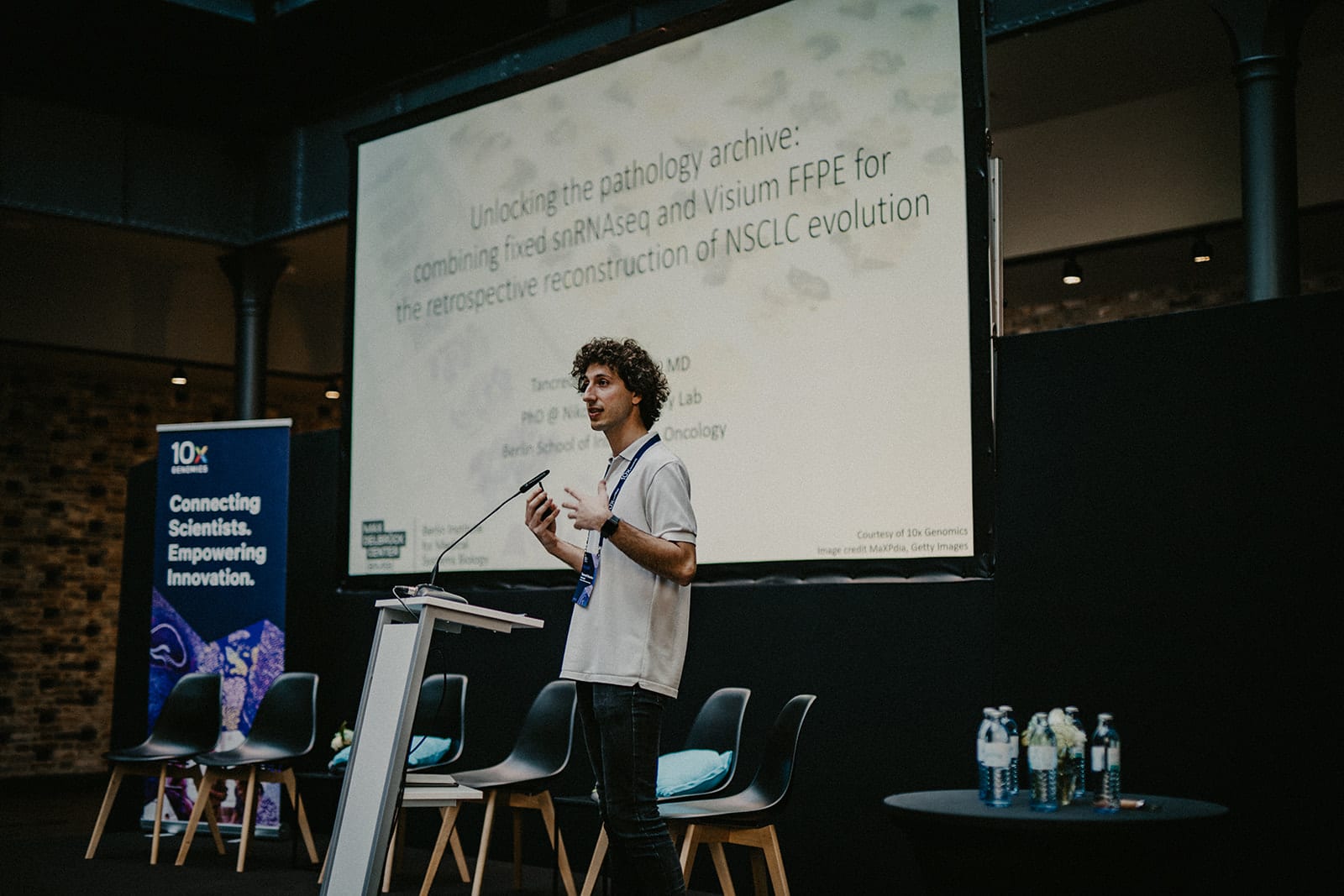 Tancredi Massimo Pentimalli, MD, speaking at the 10x Genomics Single Cell & Spatial Discovery Symposium in Berlin.