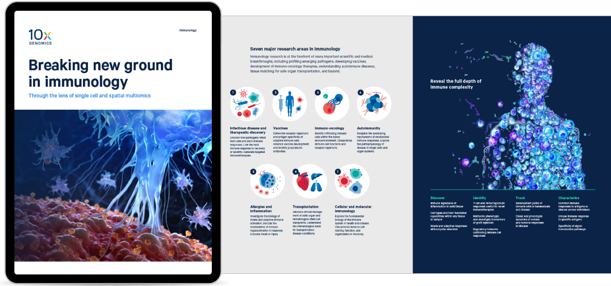 Immunology ebook, 'Breaking new ground in immunology,' cover page and two inner pages on research areas and immune complexity