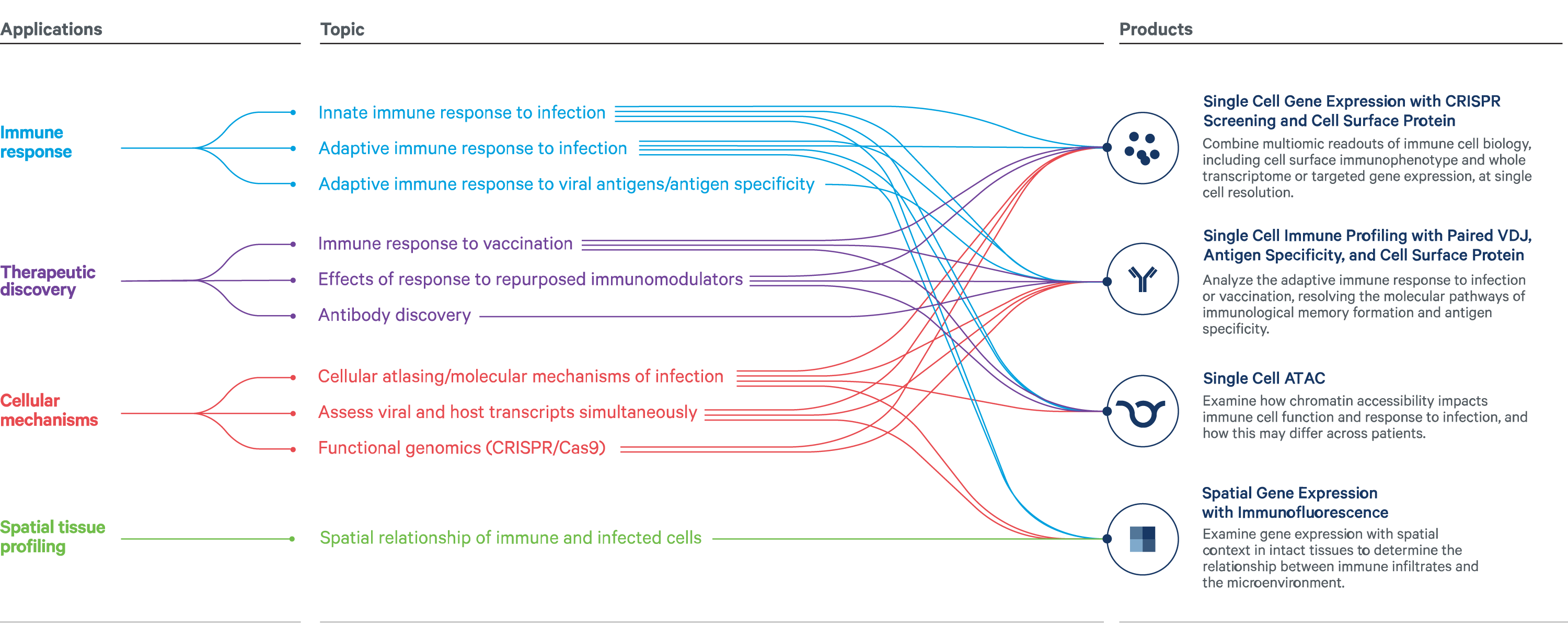 Infographic linking immunology applications to research topics and compatible single cell and spatial technologies