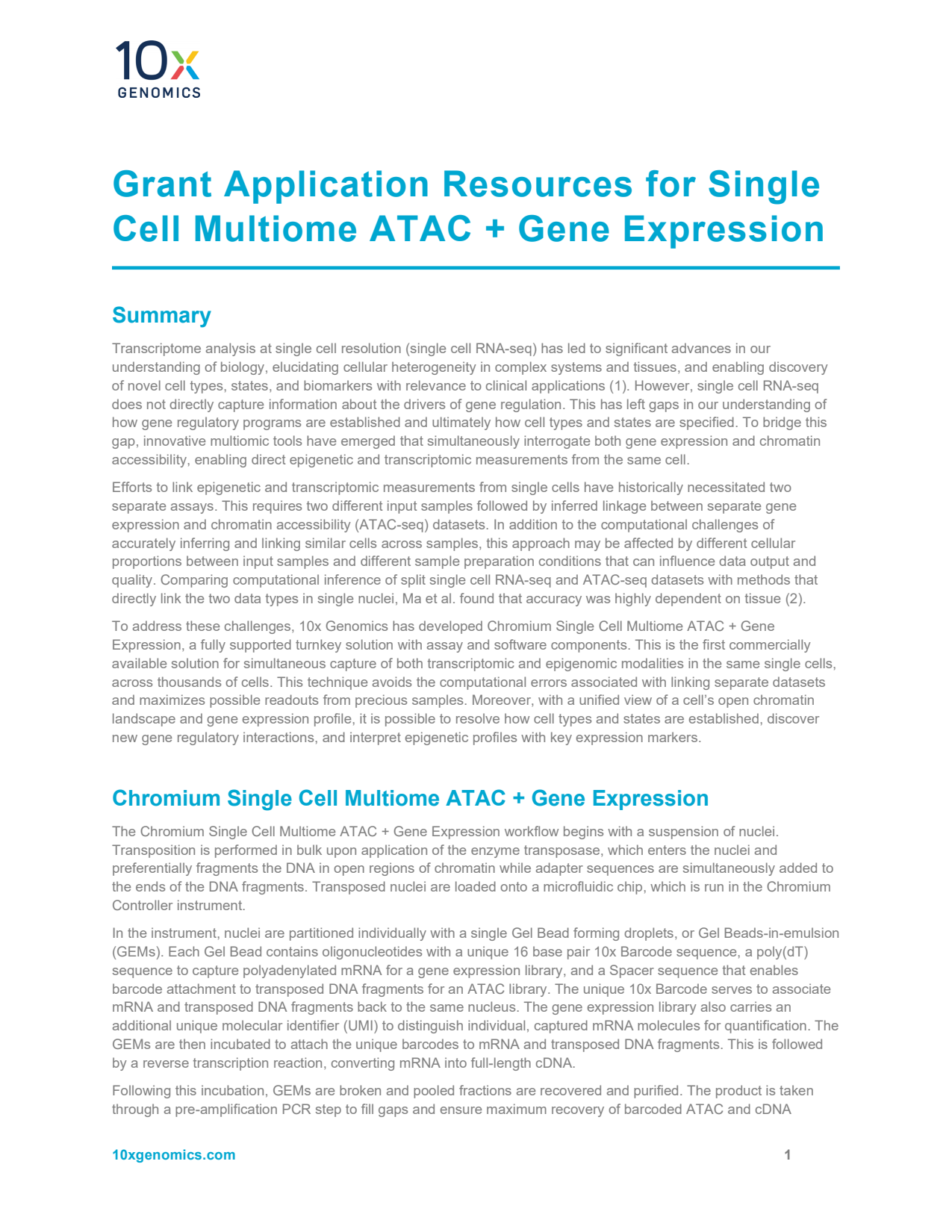 Grant Application Resources for Single Cell Multiome ATAC + Gene Expression