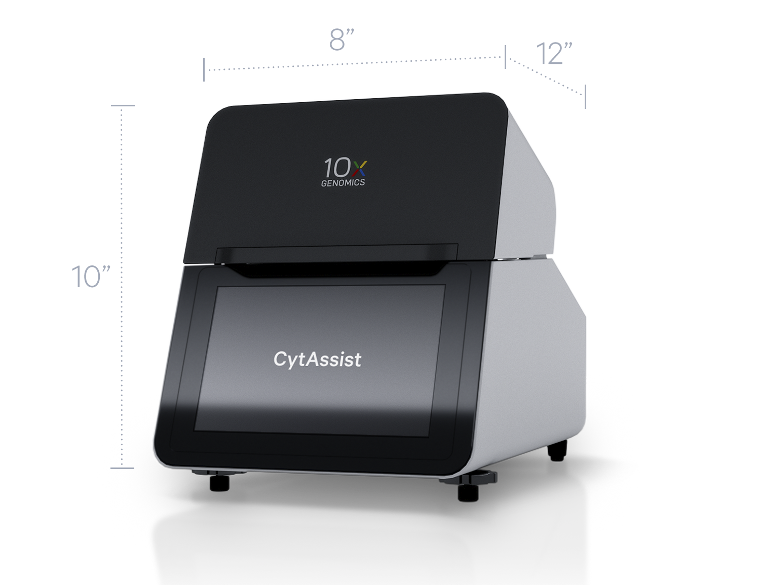 CytAssist instrument with labeled dimensions, 10" x 8" x 12"