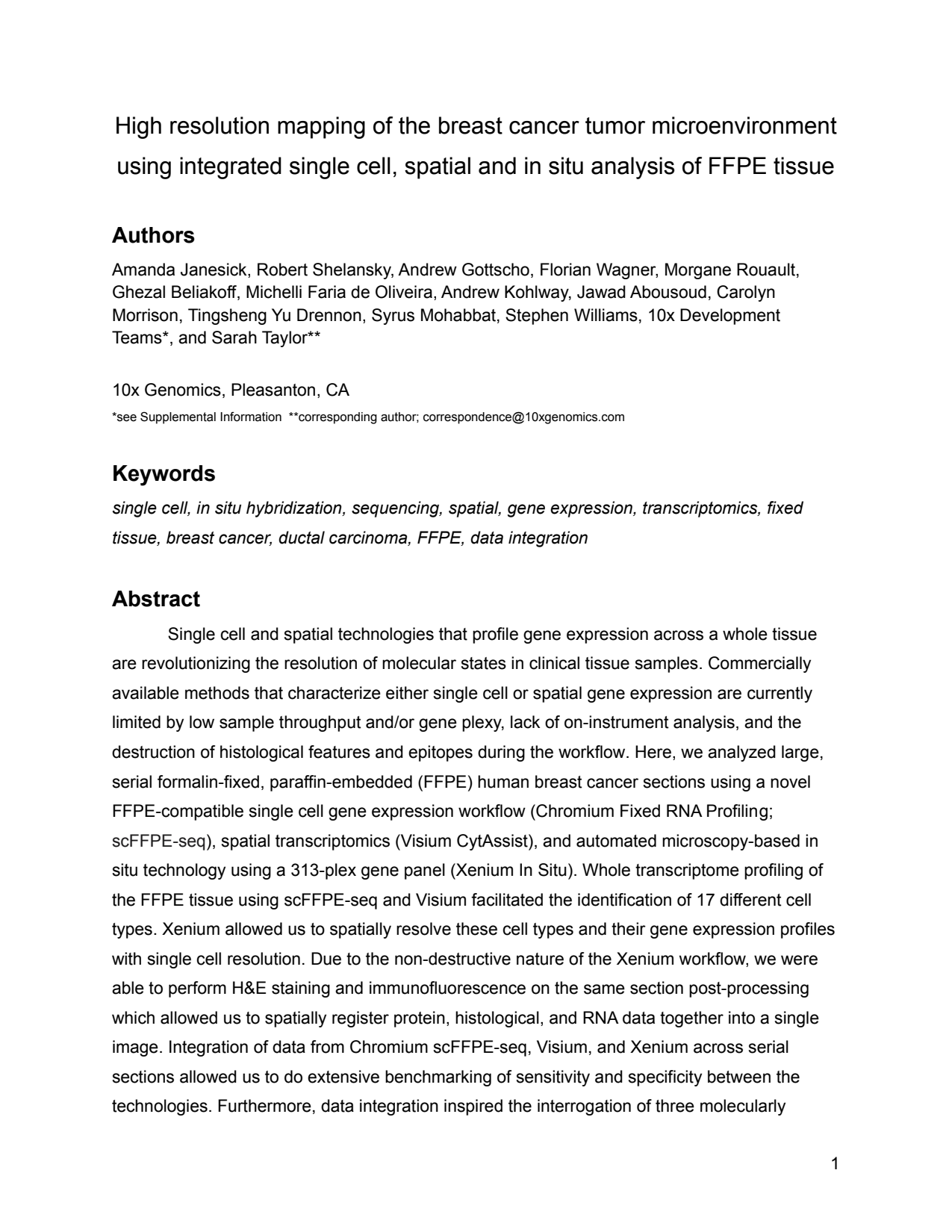 High resolution mapping of the breast cancer tumor microenvironment using integrated single cell, spatial and in situ analysis of FFPE tissue