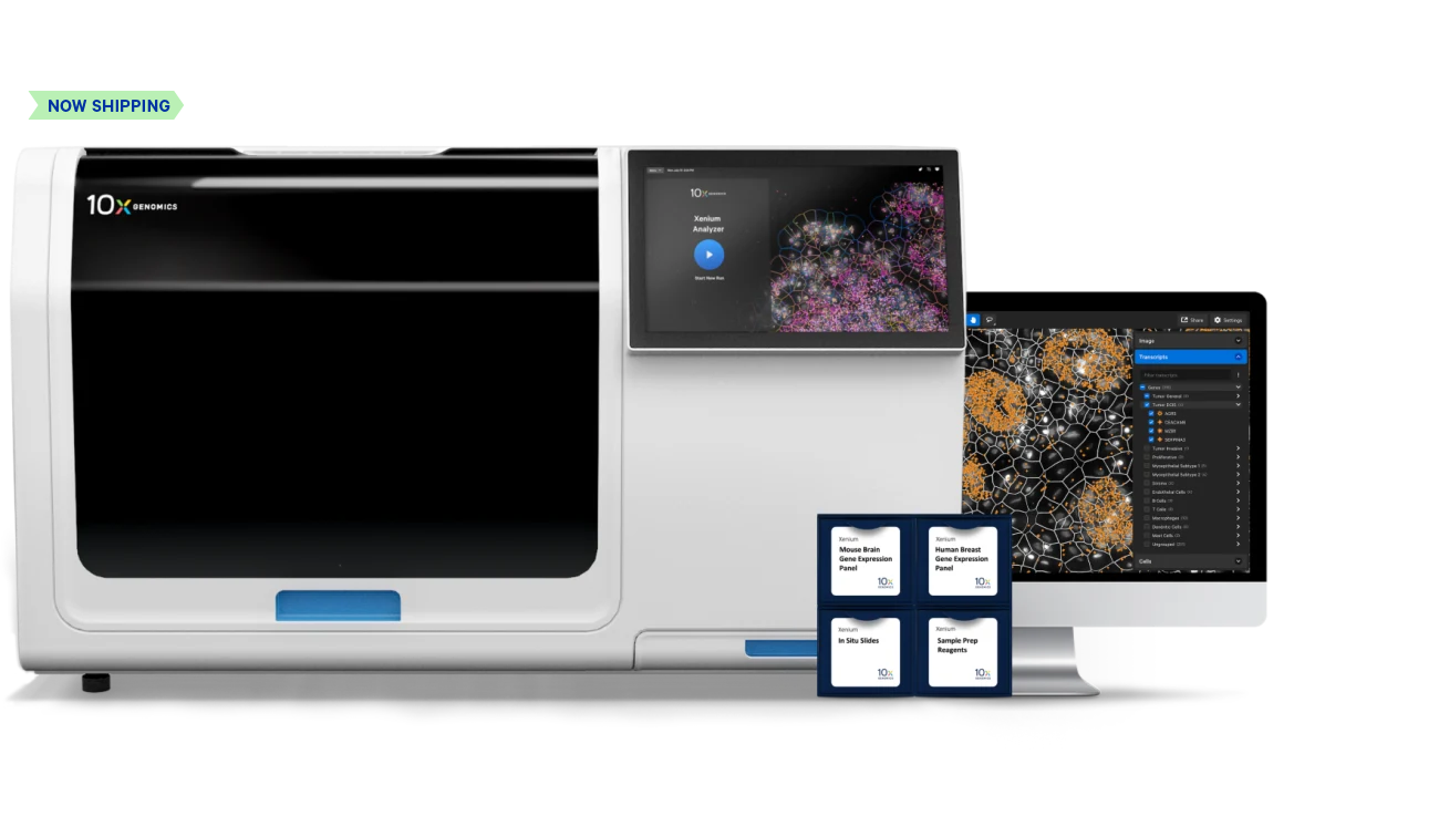 Xenium Analyzer alongside a screenshot of the Xenium Explorer software and reagent kits