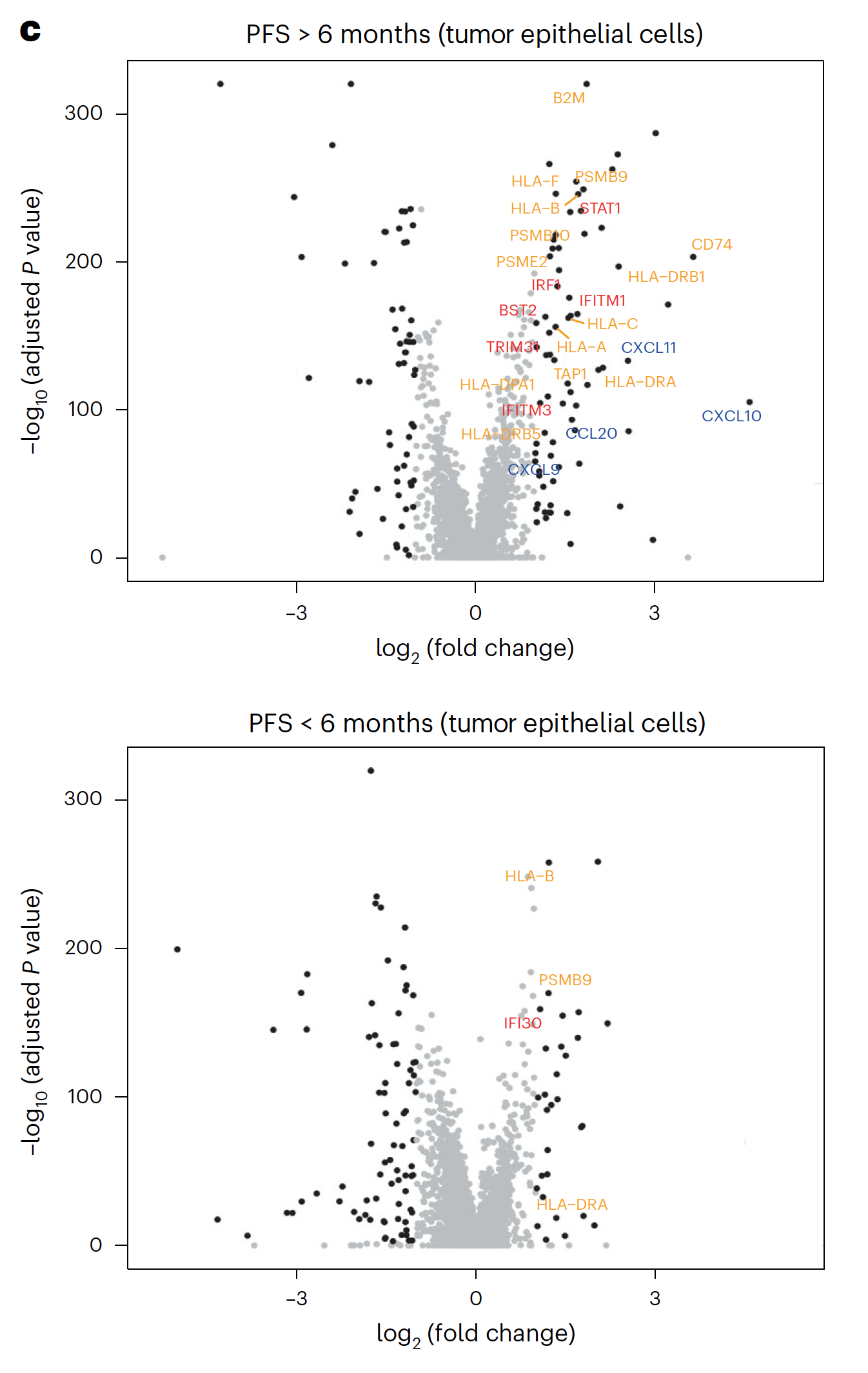  Figure 3c from Tian et al. Volcano plots indicate upregulated and downregulated differentially expressed genes (DEGs), on treatment versus pretreatment, in tumor epithelial cells of patients with PFS > 6 months and PFS < 6 months. Black dots on the volcano plots indicate adjusted P < 0.05 (two-tailed Wilcoxon rank sum test) and log2FC ≥ 1. Significant DEGs involved in antigen processing and presentation (gold), the IFN pathway (red), and chemokine activity (blue) are labeled. Credit: Tian J, et al. Nat Med 29:458–466 (2023). doi: 10.1038/s41591-022-02181-8 (CC BY 4.0). 