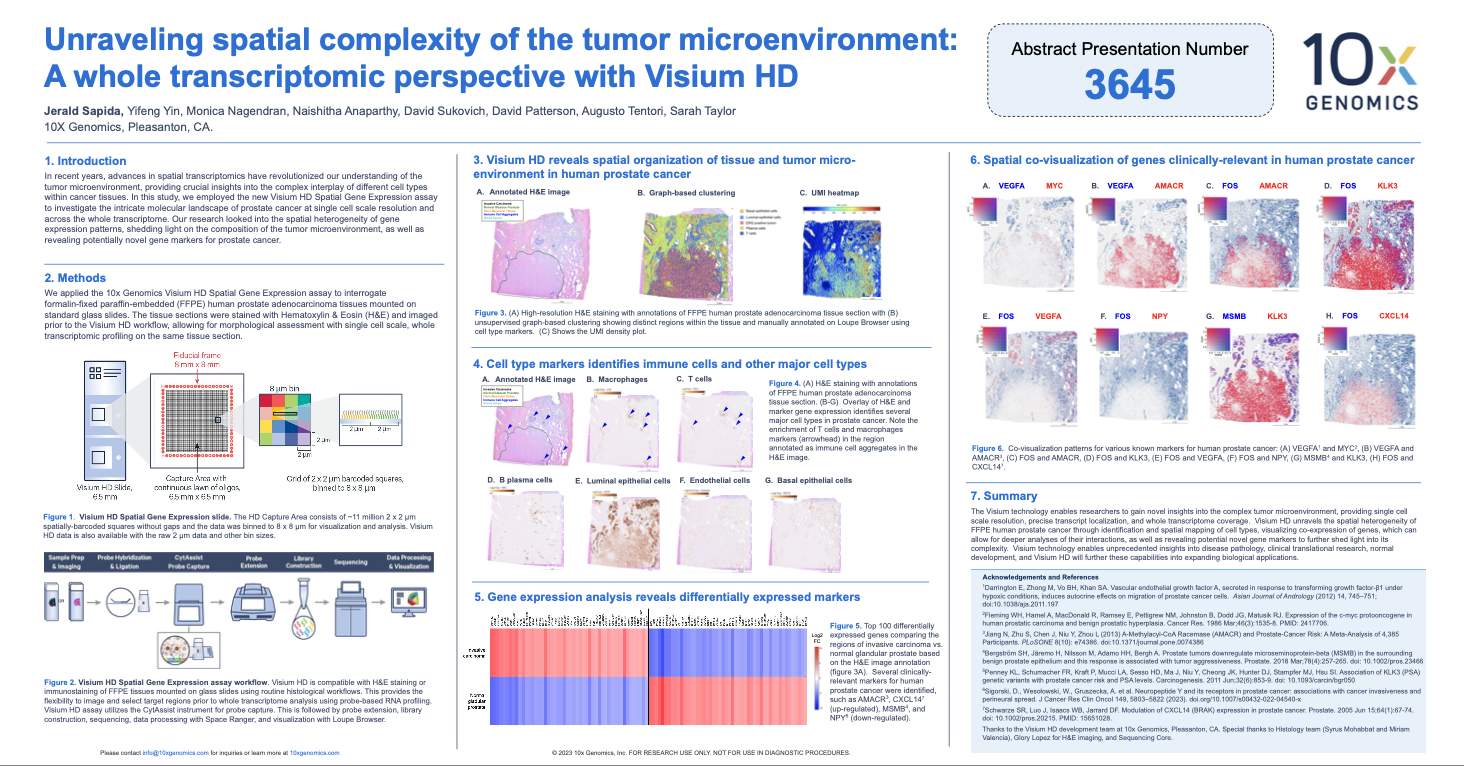 AACR 2024 poster 3645, titled, “Unraveling spatial complexity of the tumor microenvironment: A whole transcriptomic perspective with Visium HD,” by lead author Jerald Sapida, 10x Genomics Scientist II. 