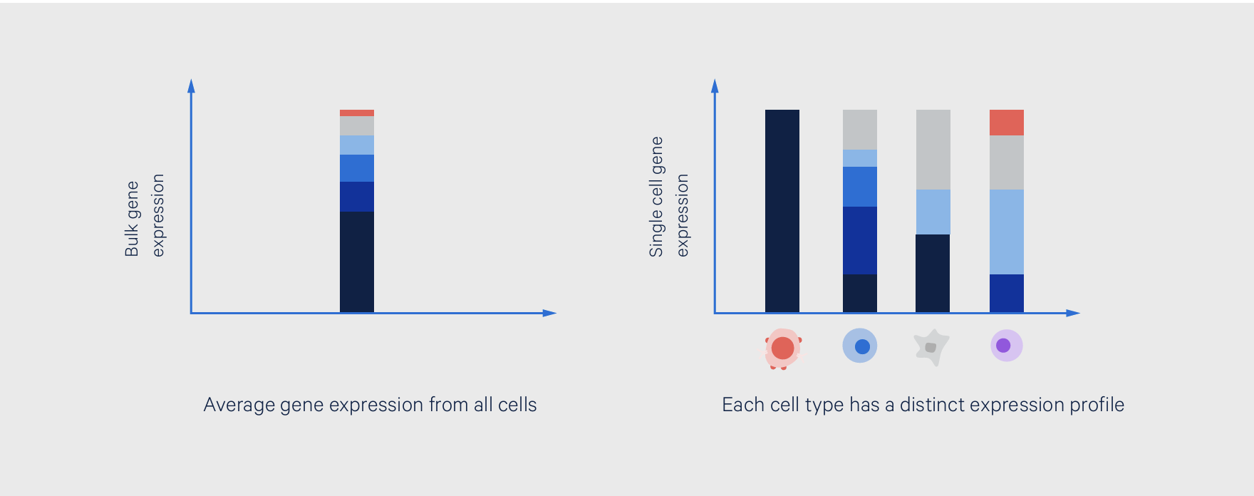 Figure 1. Increasing resolution, from bulk to single cell gene expression. The graph on the left displays a bulk view of the transcriptional landscape of a sample, with average expression levels for 6 genes. Representing single cell gene expression data, the graph on the right reveals the true cellular heterogeneity of the sample, as well as the cellular sources of the expression patterns seen from the average view.