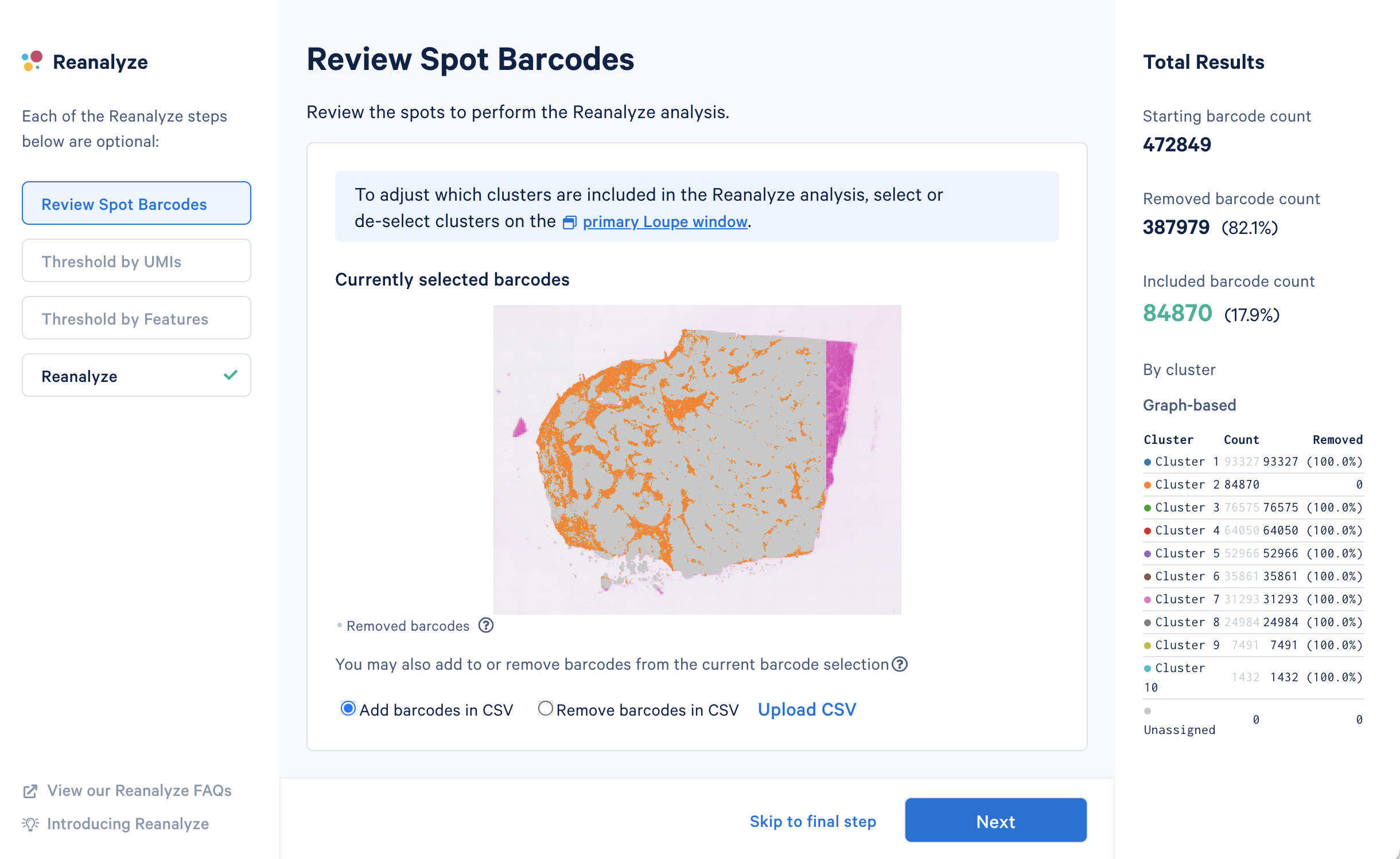 Screenshots of the reclustering workflow in Loupe Browser for the same Visium HD dataset (human FFPE breast cancer). Image 1.