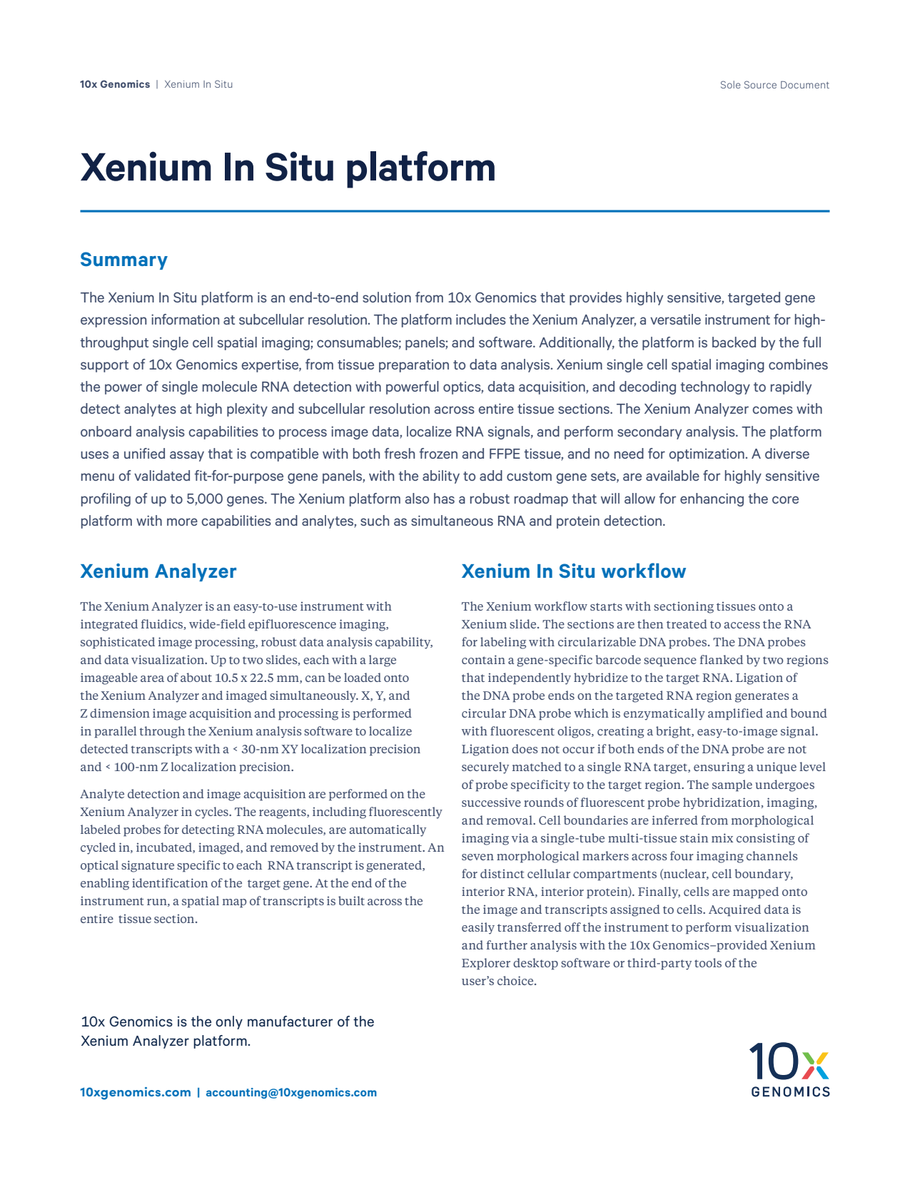 Sole Source Document: Xenium In Situ platform